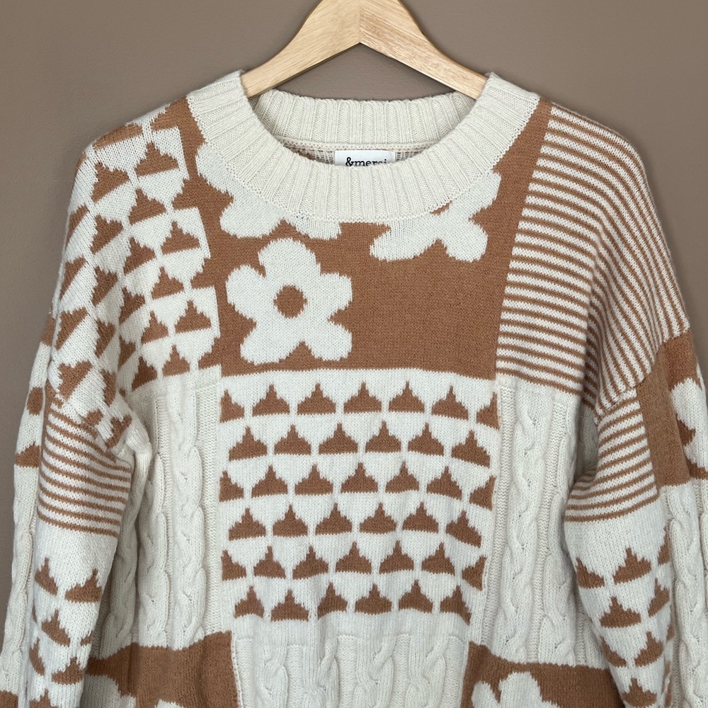 {&merci} Knit Patchwork Sweater with Floral and Cable Knit Design - Womens Small - Picture 3 of 10